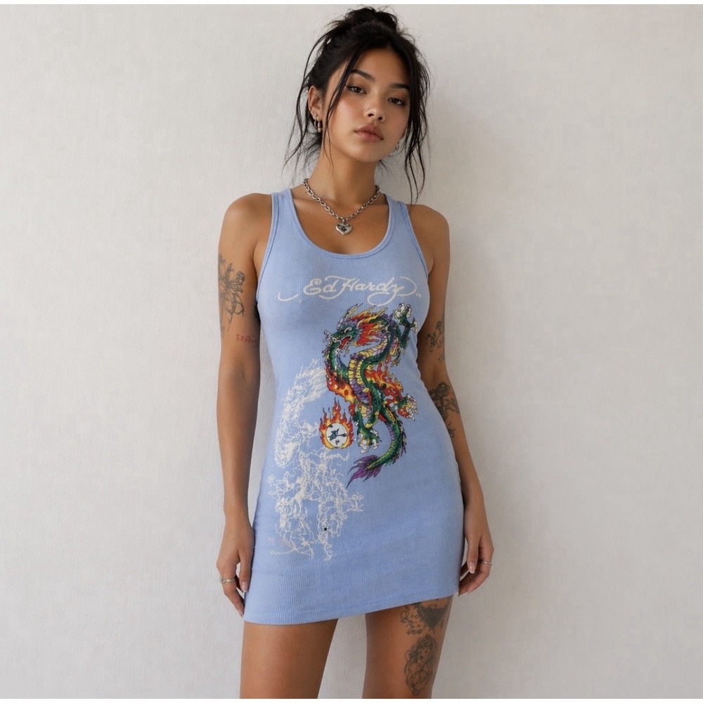 Ed Hardy Mini Dress XL Blue Dragon Graphic Y2K Tattoo Ribbed Stretch Bodycon